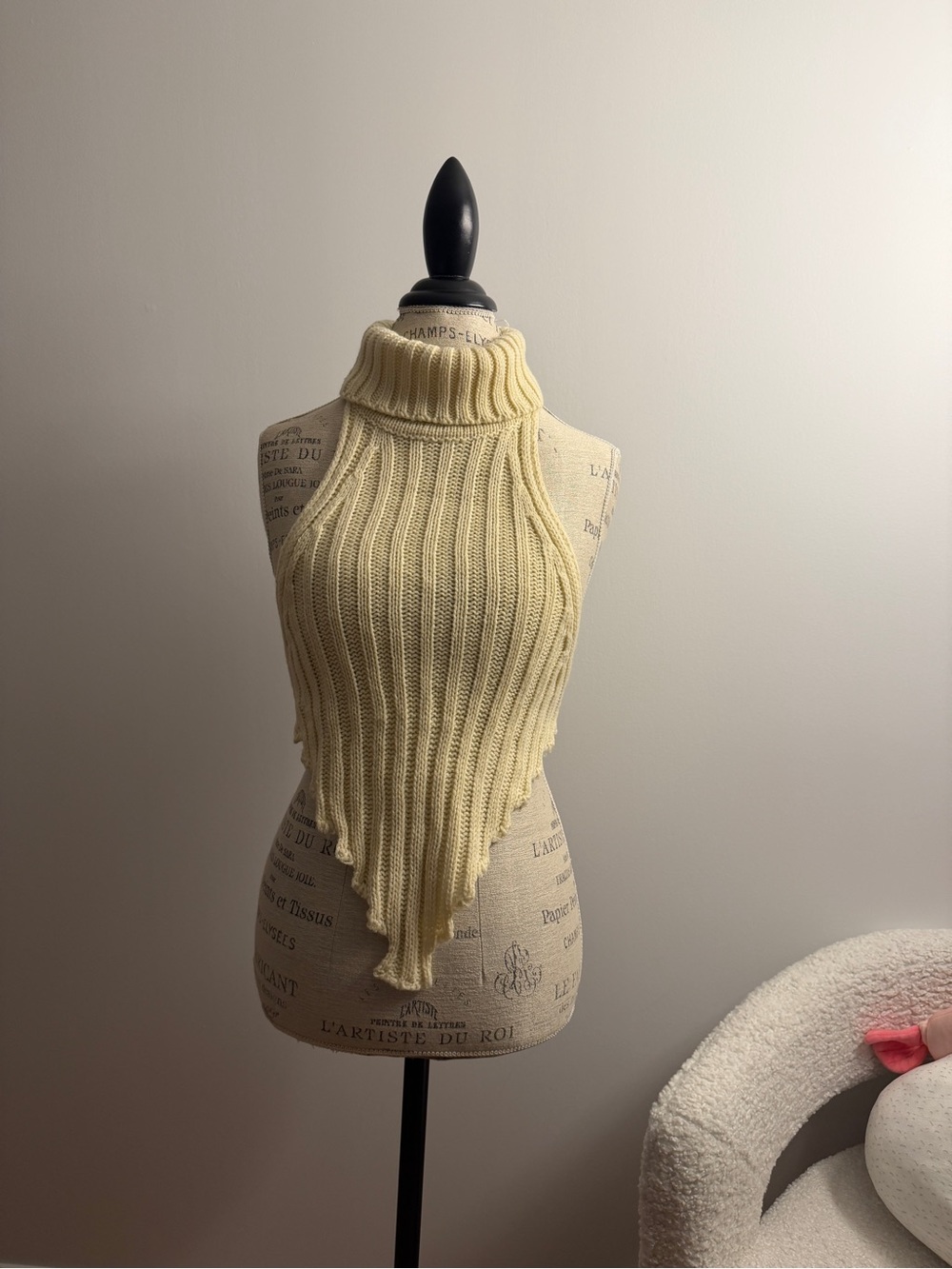 Local European Pale Yellow Ribbed Cowl Turtleneck Vest